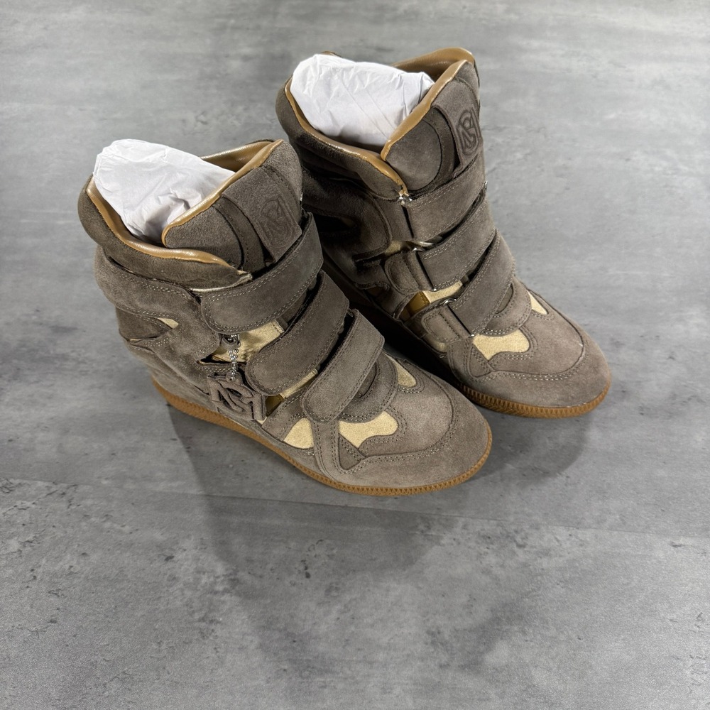 Steve Madden Mavis Bootie Sneakers Women 6 Taupe Brown Suede Hidden Wedge $160